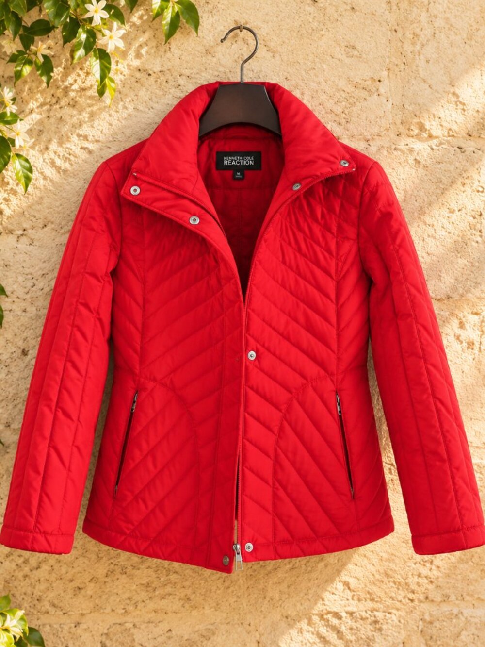 Kenneth Cole Reaction Red Down-Filled Chevron Quilted Jacket | M